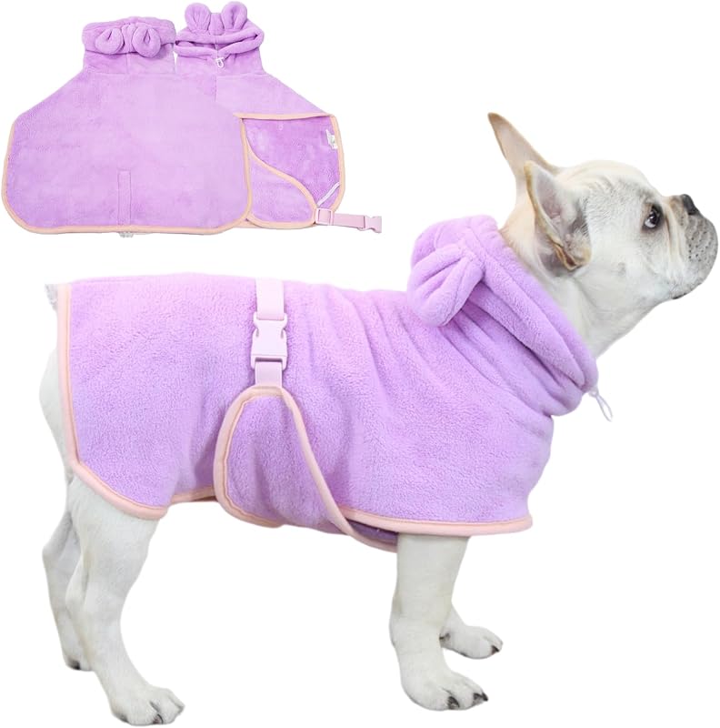 Roupão Toalha para Cães e Gatos em Microfibra com Capuz, Coleira e Faixa Abdominal Ajustáveis Fnaobai Roxo X-Large