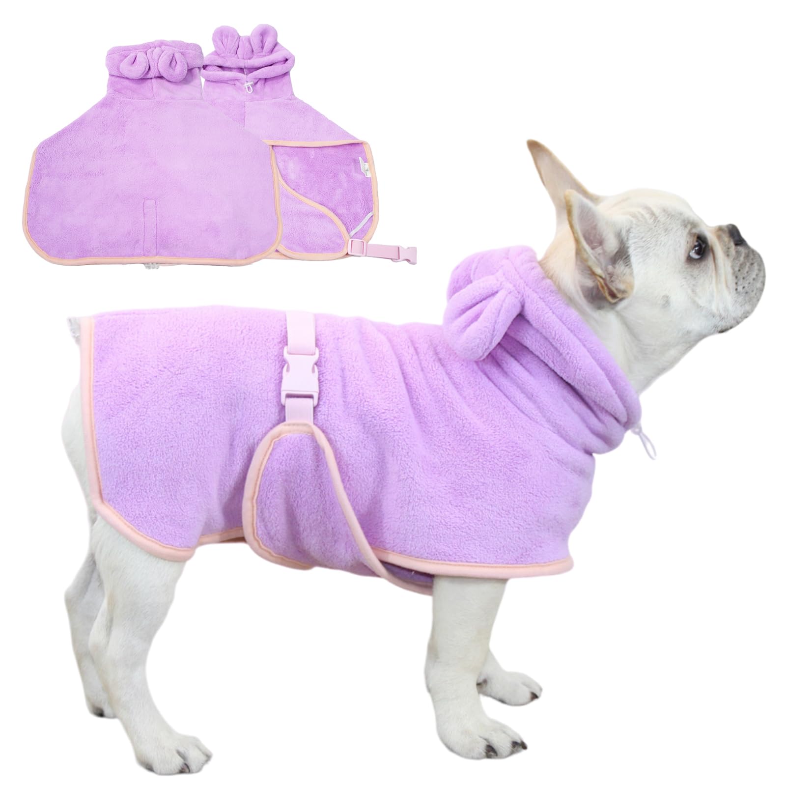 Fnaobai Pet Bathrobe for Dog Cat Absorbently Quick Drying Coat Cute Dogs Bath Towel Hooded Robe Adjustable Collar & Belly Strap for Pool Beach (Purple
