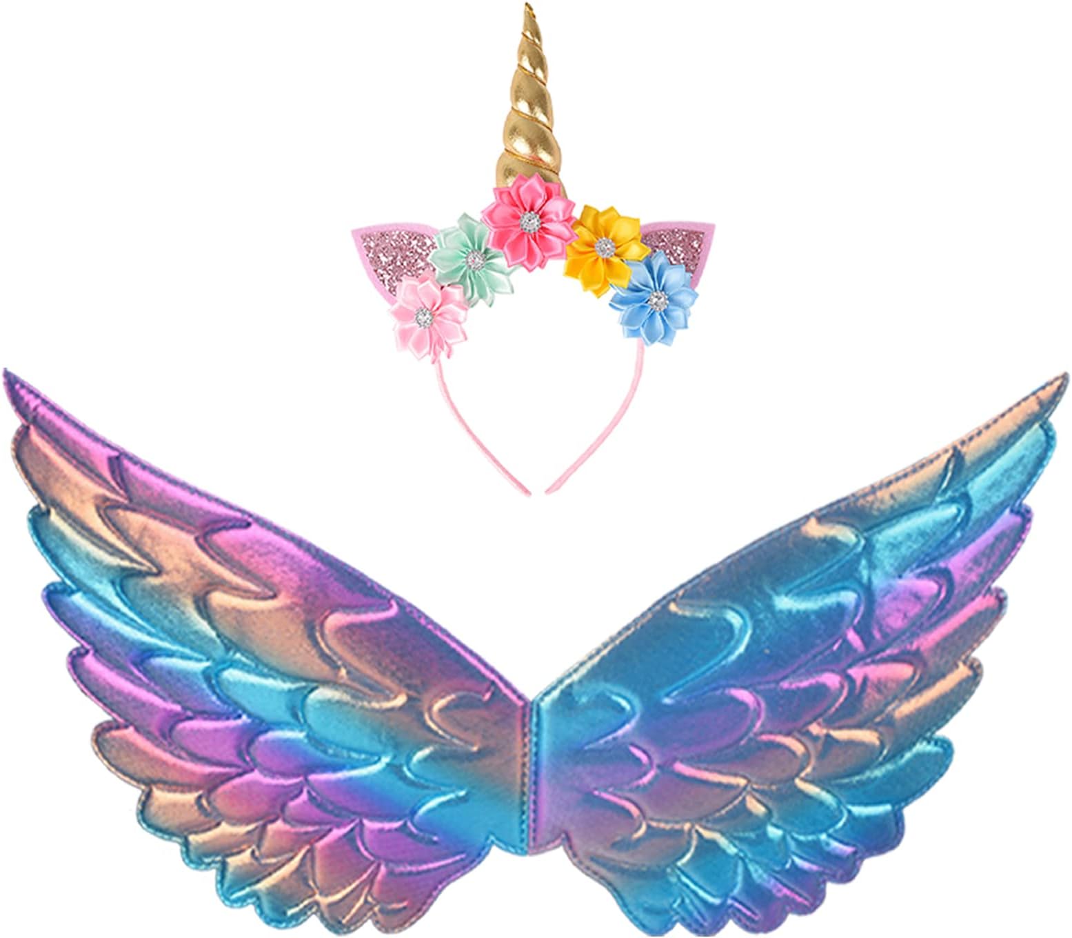 Creatoy Girl’s Fairy Wings Unicorn-Costume for Girls 3-9 with Unicorn Horn Headband Toddler Rainbow Wings Kids Angel Pegasus Dress Up Accessories Halloween Favors Birthday Gifts
