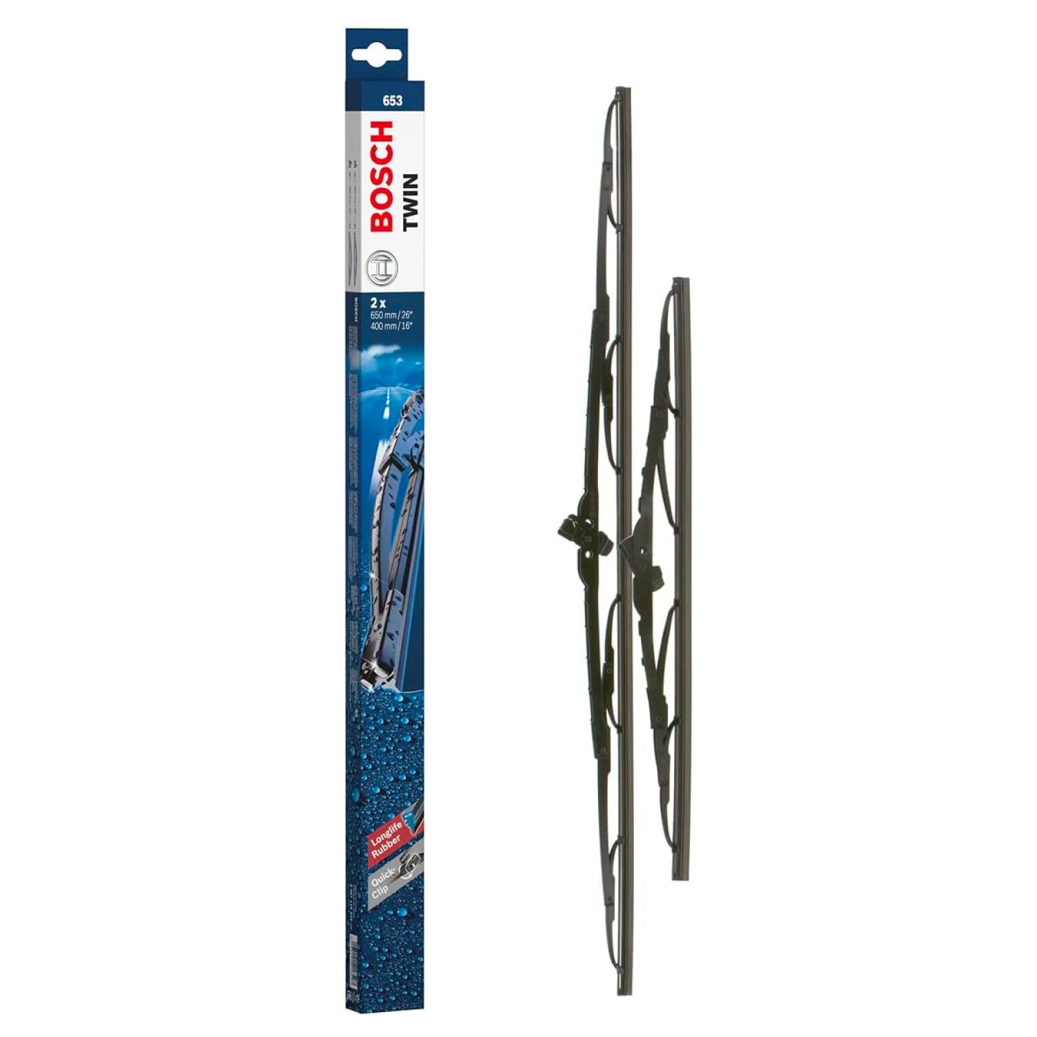 Bosch Bosch Twin 653 - Front Windscreen Wipers - Set of 2 Replacement Blades - Comes with Pre-assembled Quick-Clip Adapter - 2 Blades,