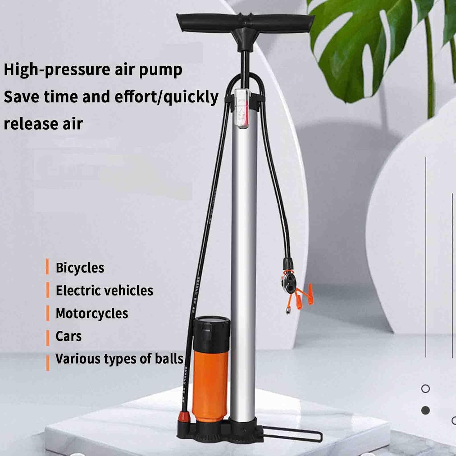 JUSHZ Balloon Pump for Inflatables Airbed Pump Inflatable Air Ball Foot for Balloon Arch Portable Manual Stainless Steel with Pressure Gauge 150PSI American/French/English Valve (660x38mm,Silver)