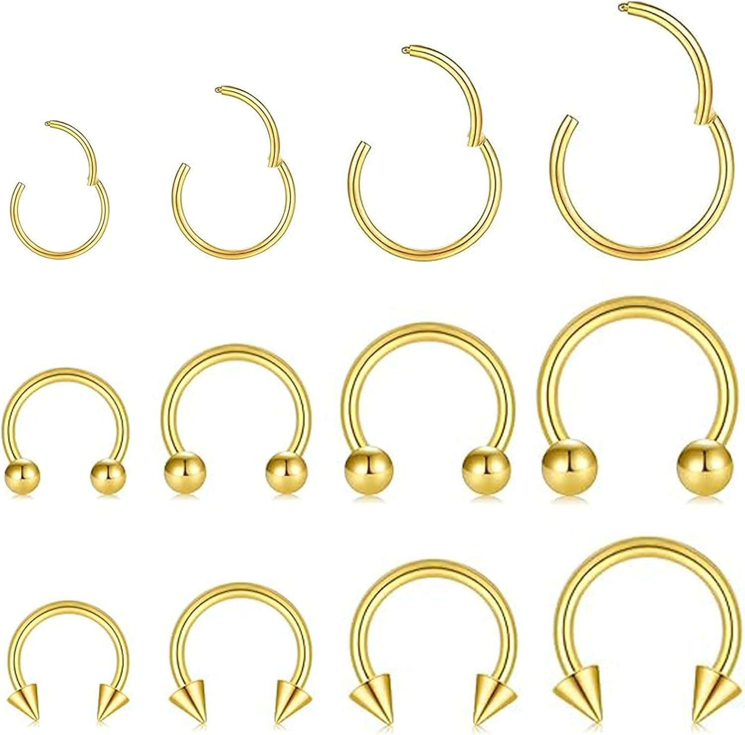KREZIP 12 PCS 16G Hinged Segment Septum Rings Surgical Steel Horseshoe Piercing Rings Eyebrow Lip Cartilage Helix Tragus Earrings Piercing Jewelry for Women Men 6/8/10/12MM Gold Plated/Silver