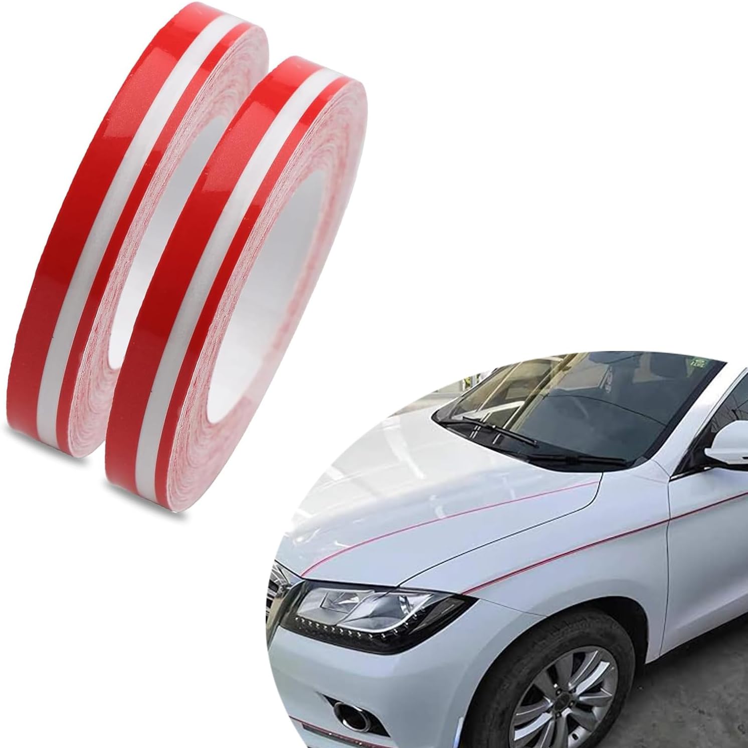 Pack-2 Car Waistline Body Stickers, Pinstripe Small Color Strip Decorations, Personalized DIY External Decals, Universal for Most Cars, SUVs and Vans (Red)