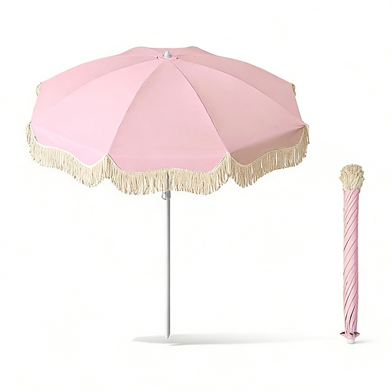 Parasol de Terrasse Boho de 180 cm avec Franges, Parasol de Jardin Extérieur à Hauteur Réglable, UPF 50+ pour Plage, Balcon, Pique-Nique
