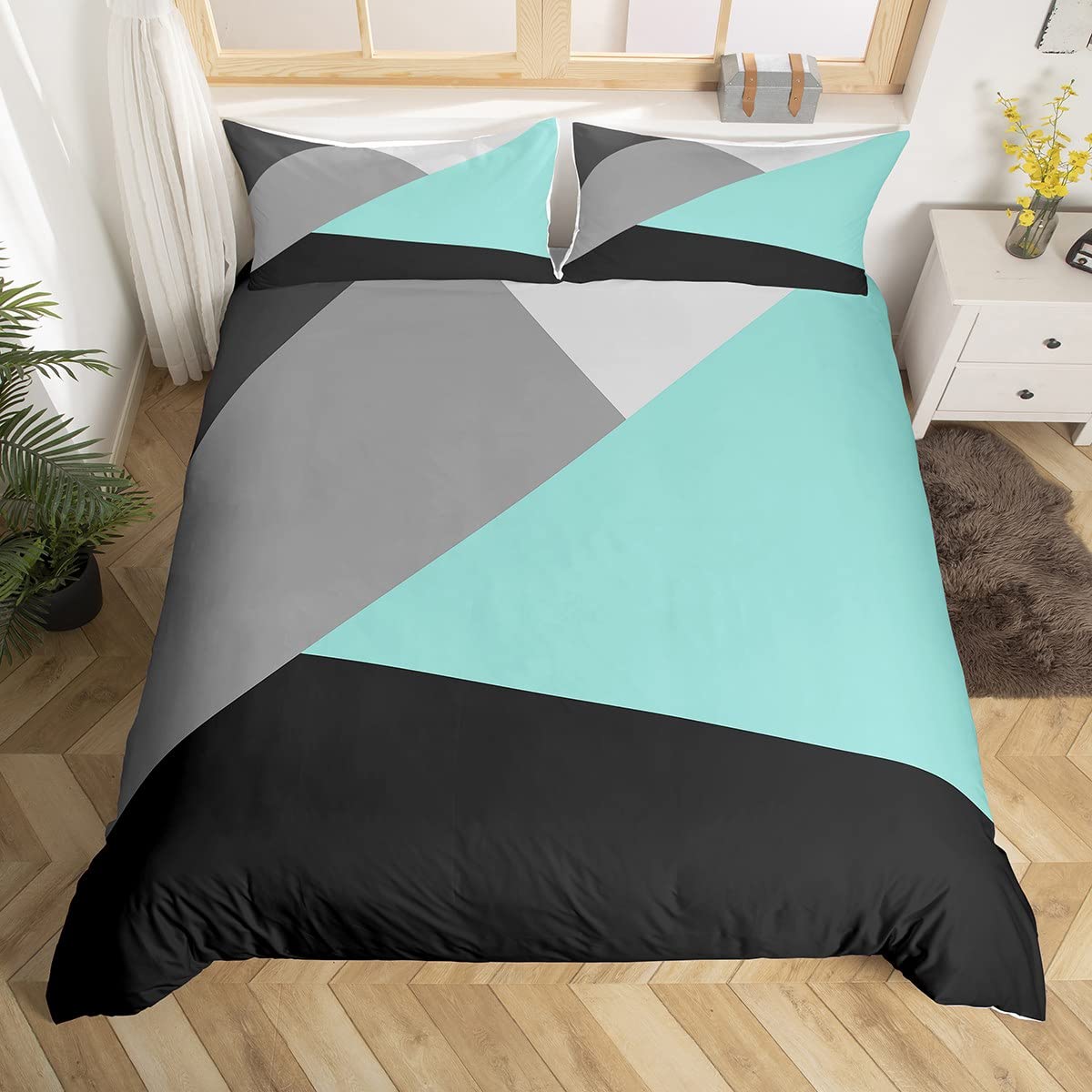Homewish Teal Triangle Single Duvet Cover Set with 1 Pillowcase - Single Size, 100% Soft & Breathable Polyester, Zip Closure - Black Gray Geometric Bedding - Modern Simple Pattern with Black Reverse