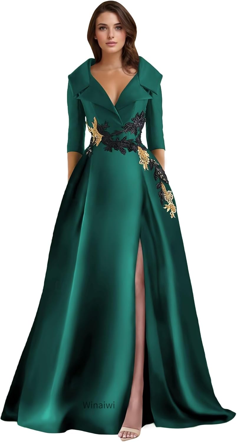 Long Sleeve Satin Mother of The Bride Dress Appliques V Neck Formal Prom Party Evening Dress with Pockets