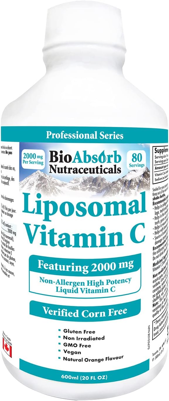 Bio Absorb Liposomal Vitamin C 2000mg, Corn-Free, 80-Day Supply of High Potency Liquid Vitamin C for Adults. Non-GMO & Vegan. Natural Orange Flavor (20oz)