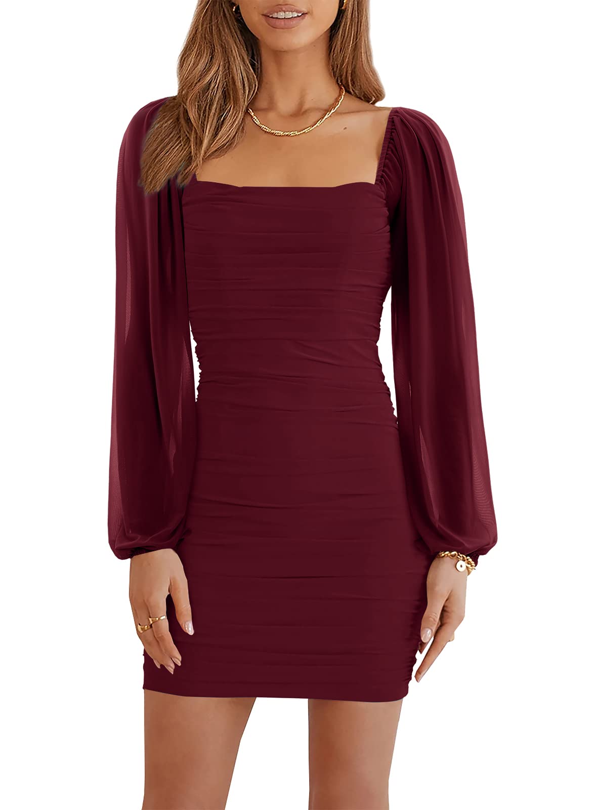 Wenrine Damska siateczka, długi rękaw, kwadratowy dekolt, marszczona sukienka na imprezę, do klubu, koktajlowa, bodycon, mini sukienka