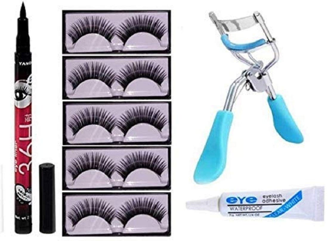 ClubBeauty 5 Pieces Eyelashes with Eyelash Glue and Eyelash Curler With 36Hrs Waterproof Eyeliner Combo Kit Multi