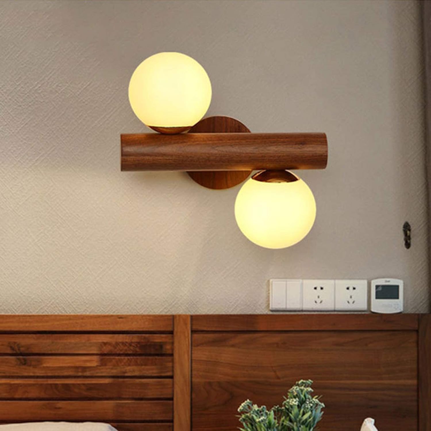 Home Decoration 360° Rotatable Wooden Sconce with Double Wall Vintage Milk Glass Wall Light Rustic Country Sconce Mid Century Up Down Lighting Fixtures for Bedroom Bedside Living Room