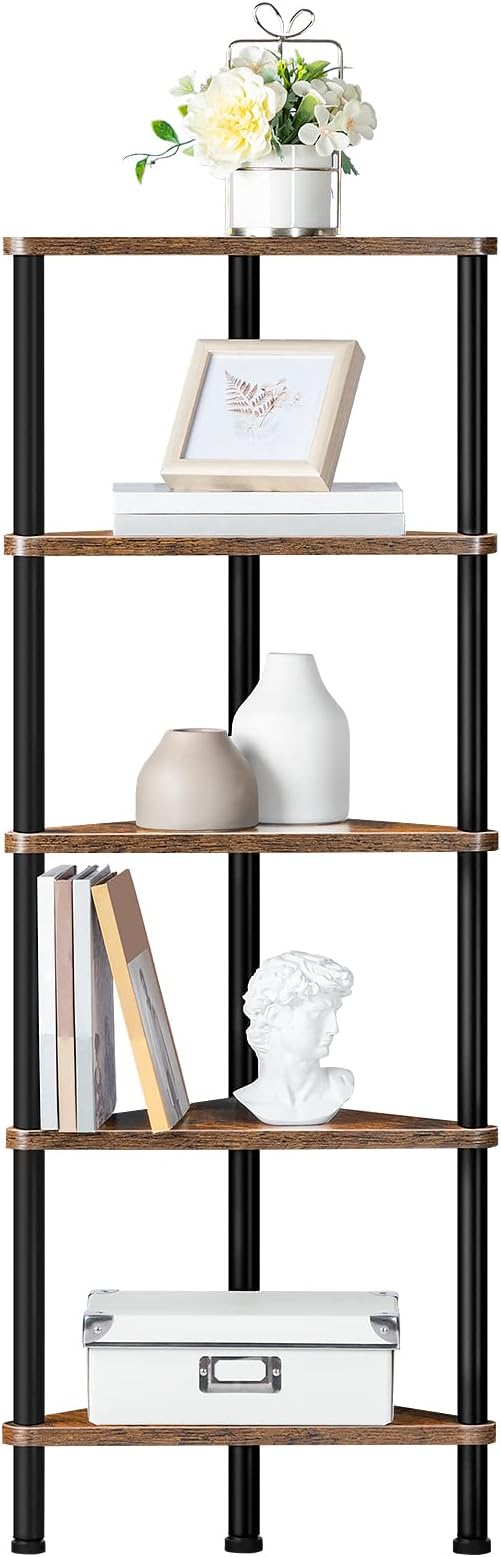 HOOBRO Corner Shelf Unit, 5 Tier Corner Bookcase, Multifunction Corner Storage Stand for Small Space, 30 x 30 x 115 cm, Living Room, Bedroom, Kitchen, Industrial, Rustic Brown EBF33CJ01