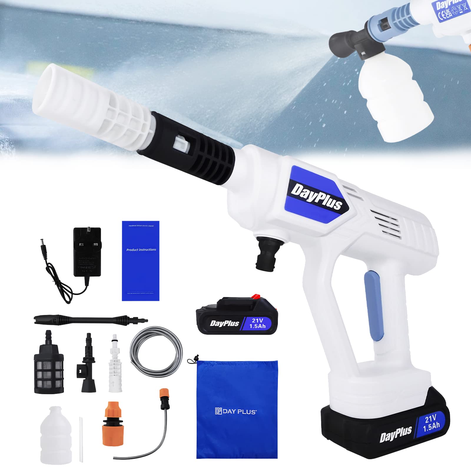 21V Battery Powered Cordless Car High Pressure Washer Jet Water Wash Cleaner Gun Portable Compact Pressure Cleaner with 1.5Ah Battery & Charger, Foam Generator Nozzle Water Pump 5M Hose for Car Home