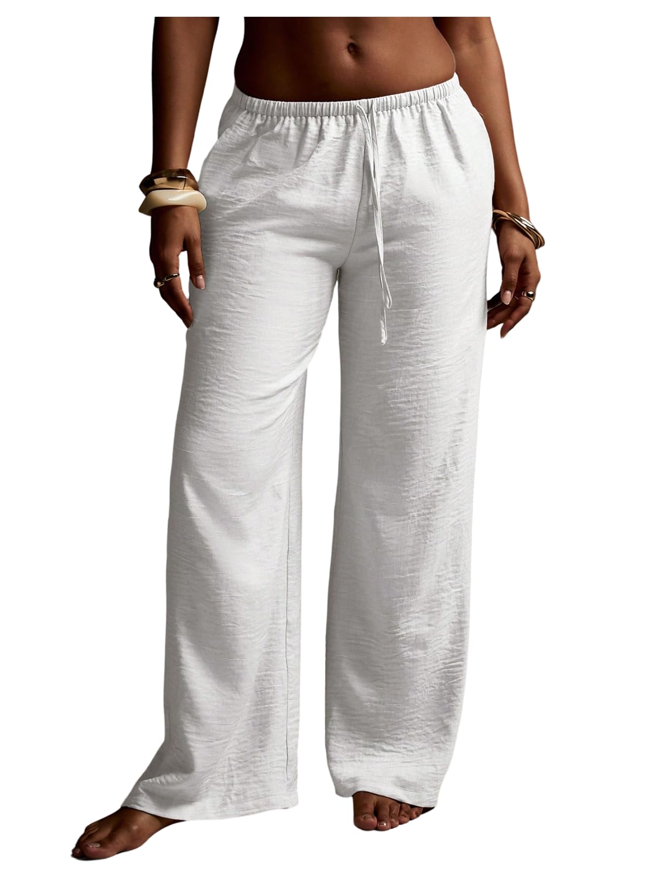 Womens Wide Leg Casual Pants Drawstring Waist Low Rise Boho Trousers Beach Resort Outfit with Pockets