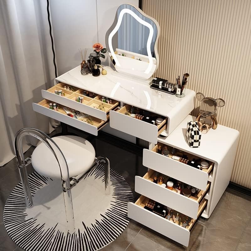 T4TREAM Escritorio de Maquillaje Acanalado con Espejo de 3 vías y Luces, Mesa de tocador Grande
