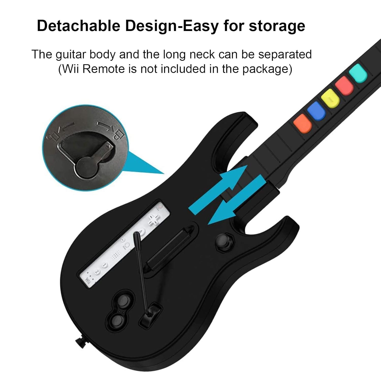DOYO Manette sans fil pour Wii compatible avec Guitar Hero et Rock Band, fonctionne avec tous les jeux Guitar Hero, sangle ajustable (Noir)