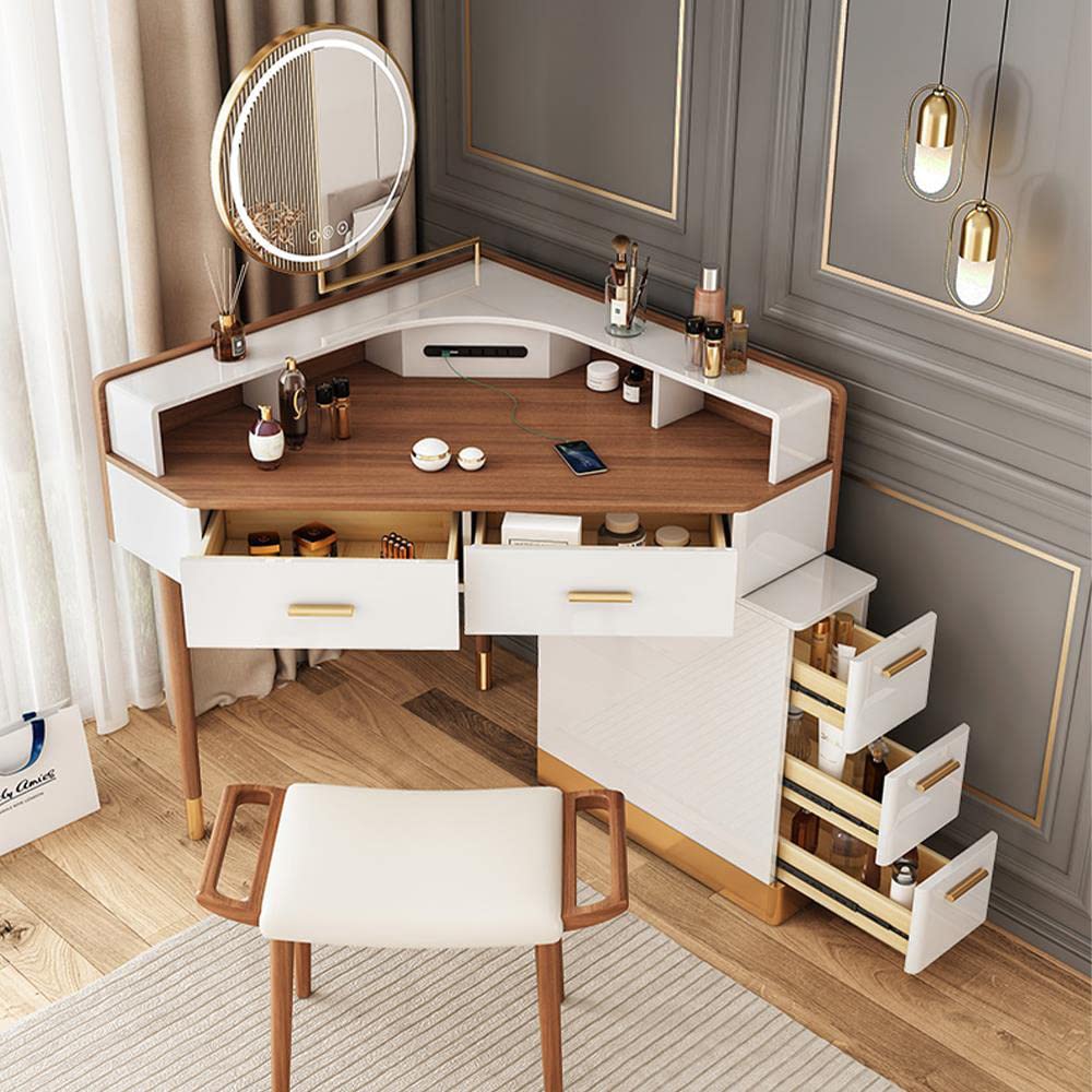 MNSSRN Corner Dresser Set, Modern Bedroom Dresser with Mirror Stool, Dresser with 5 Drawers, Wife Girlfriend Dresser