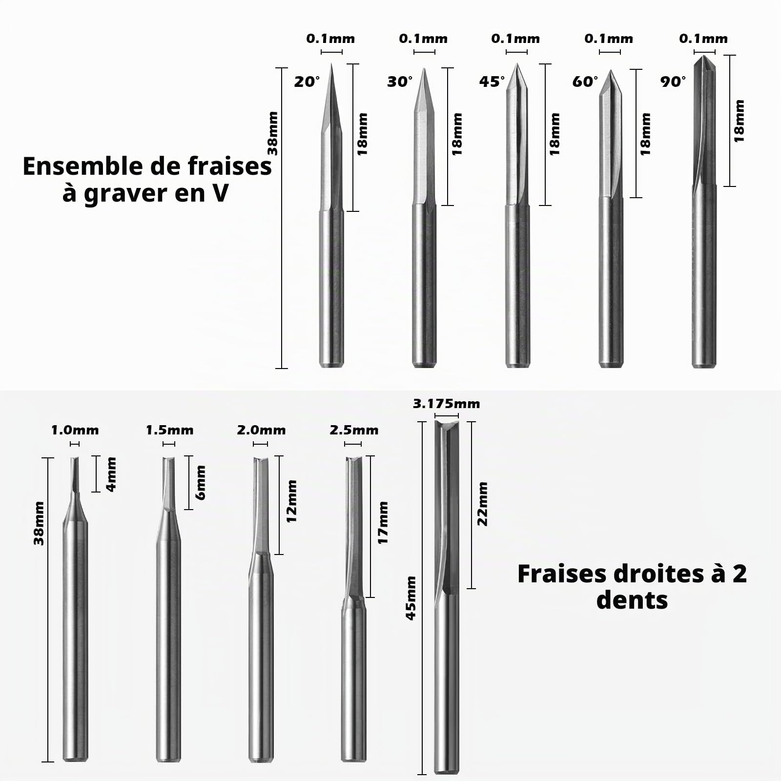 Genmitsu Lot de 50 fraises en carbure de tungstène CNC - Tige de 0,6 cm - Fraise droite à 2 cannelures - Fraise à bec plat et bout à bille - Forets de gravure à rainure en V - MC50A