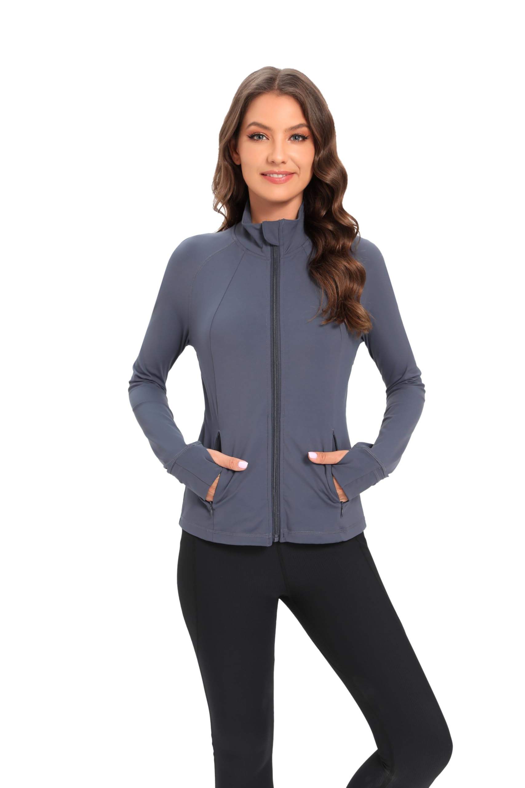 Chaqueta deportiva ligera con cremallera completa para mujer, ajuste delgado, para yoga, con agujeros para el pulgar - 3