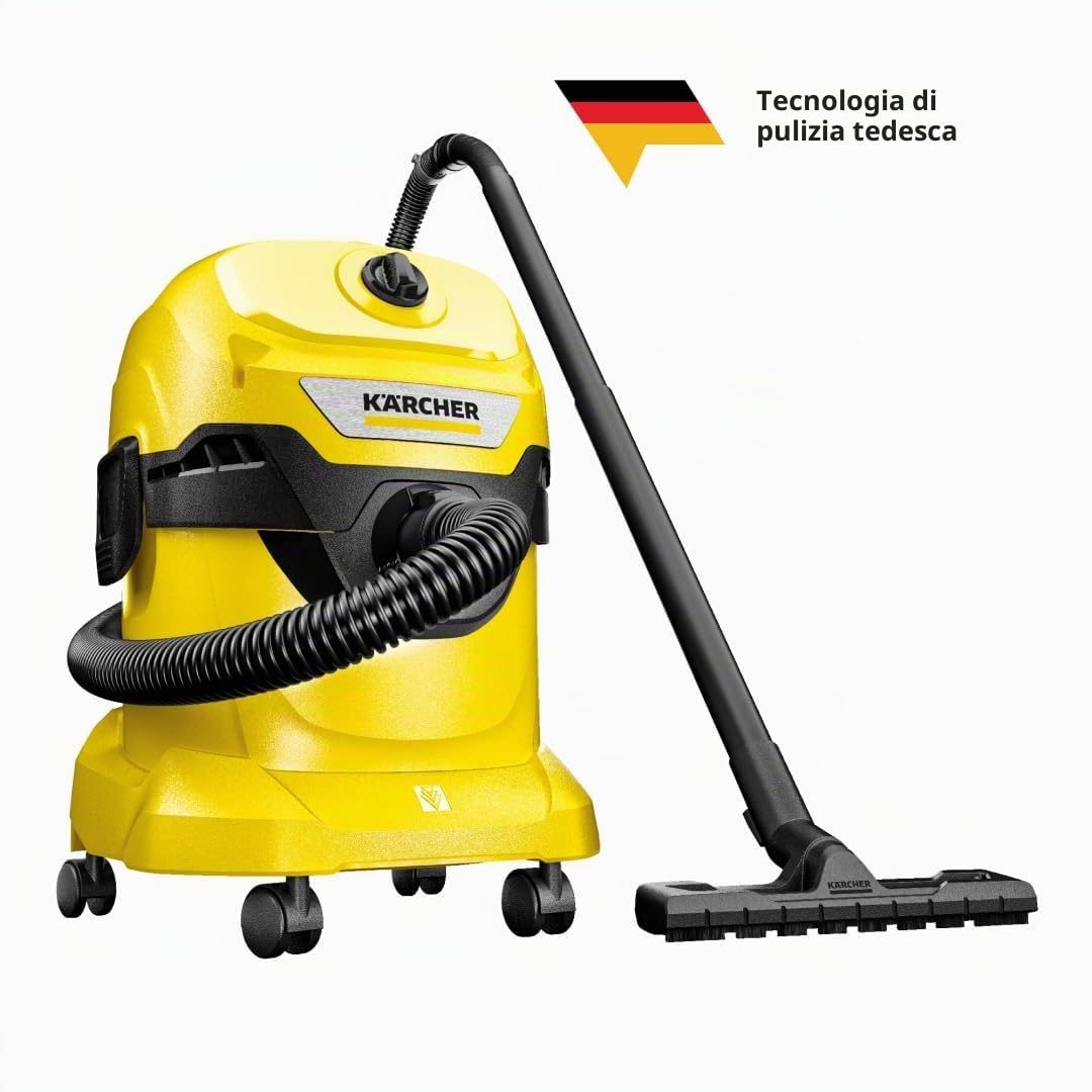Kärcher WD 4 V-20/5/22 - Bidone Aspiratutto Solidi Liquidi, Aspirapolvere potente da 220AW, 1000W, con Sacco, Giallo/Nero