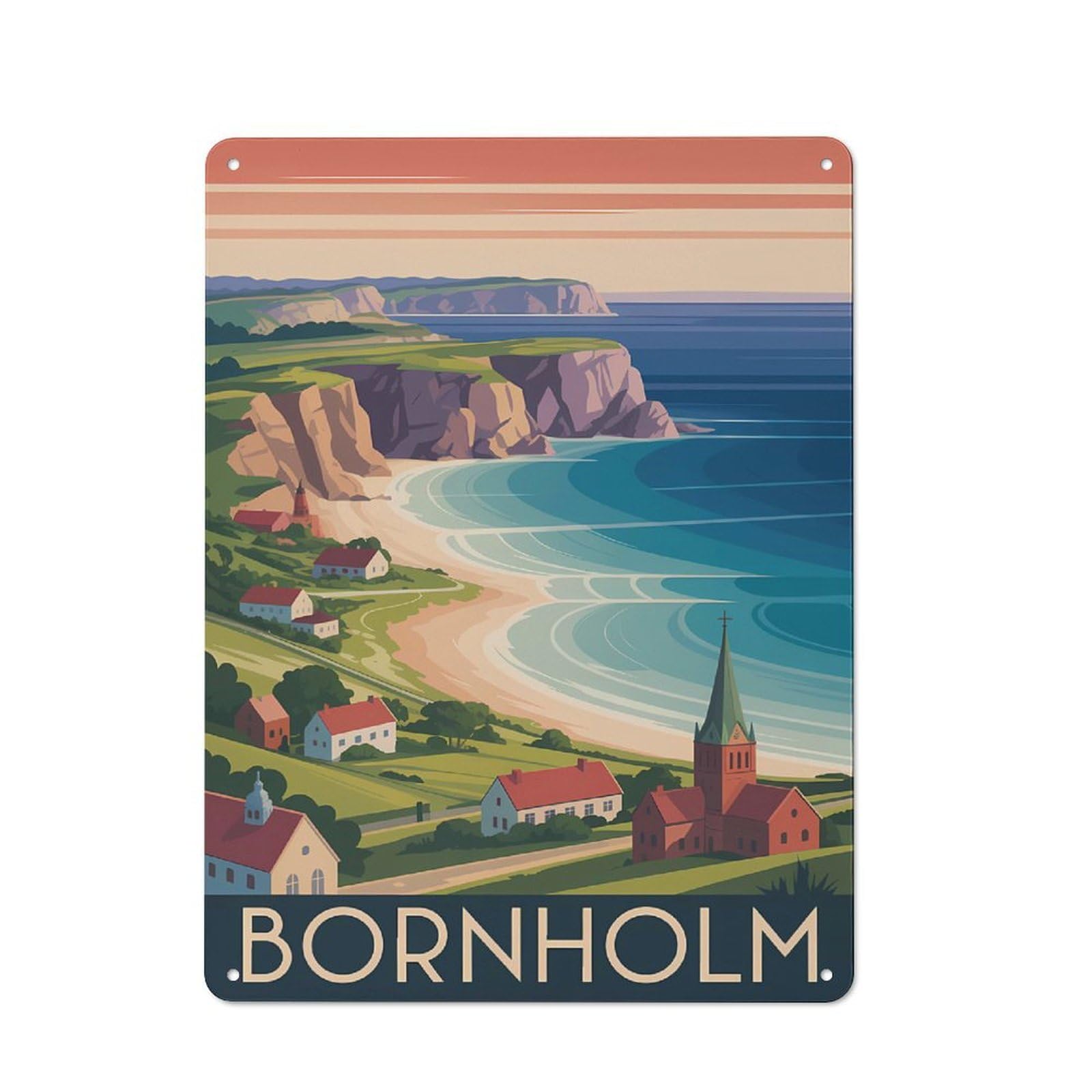 Junmoney Style-2 Bornholm Coastal Village Illustration Retro Metal Wall Decor 40X30cm, Metal Sign For Bar, Kitchen, Garage Or Games Room