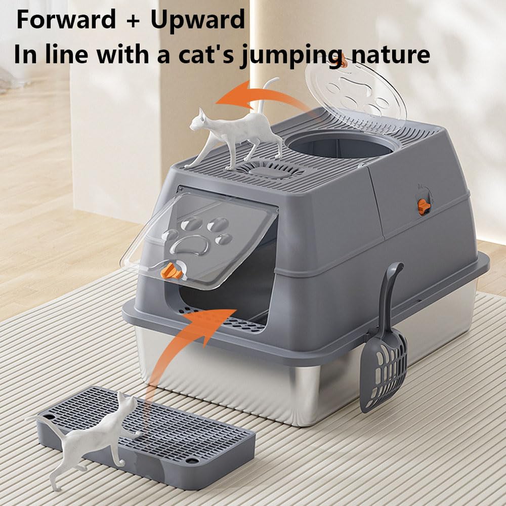 Arenero Acero Inoxidable Gatos con Tapa Extraíble, Arenero Gato con Pala y Escalones, Apto Tanto Abierto como Cerrado, Fácil de Limpiar, Resistente a Olores, para Mayoría de Los Gatos