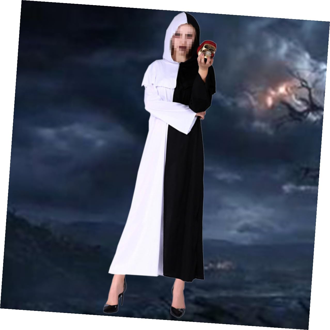 BESPORTBLE Black and White Sorcerer Hooded Cape for Adults Polyester Silky Cloak Costume for Halloween Masquerade Cosplay Stage Role Play Half Black White Design Comfortable and Skin-friendly