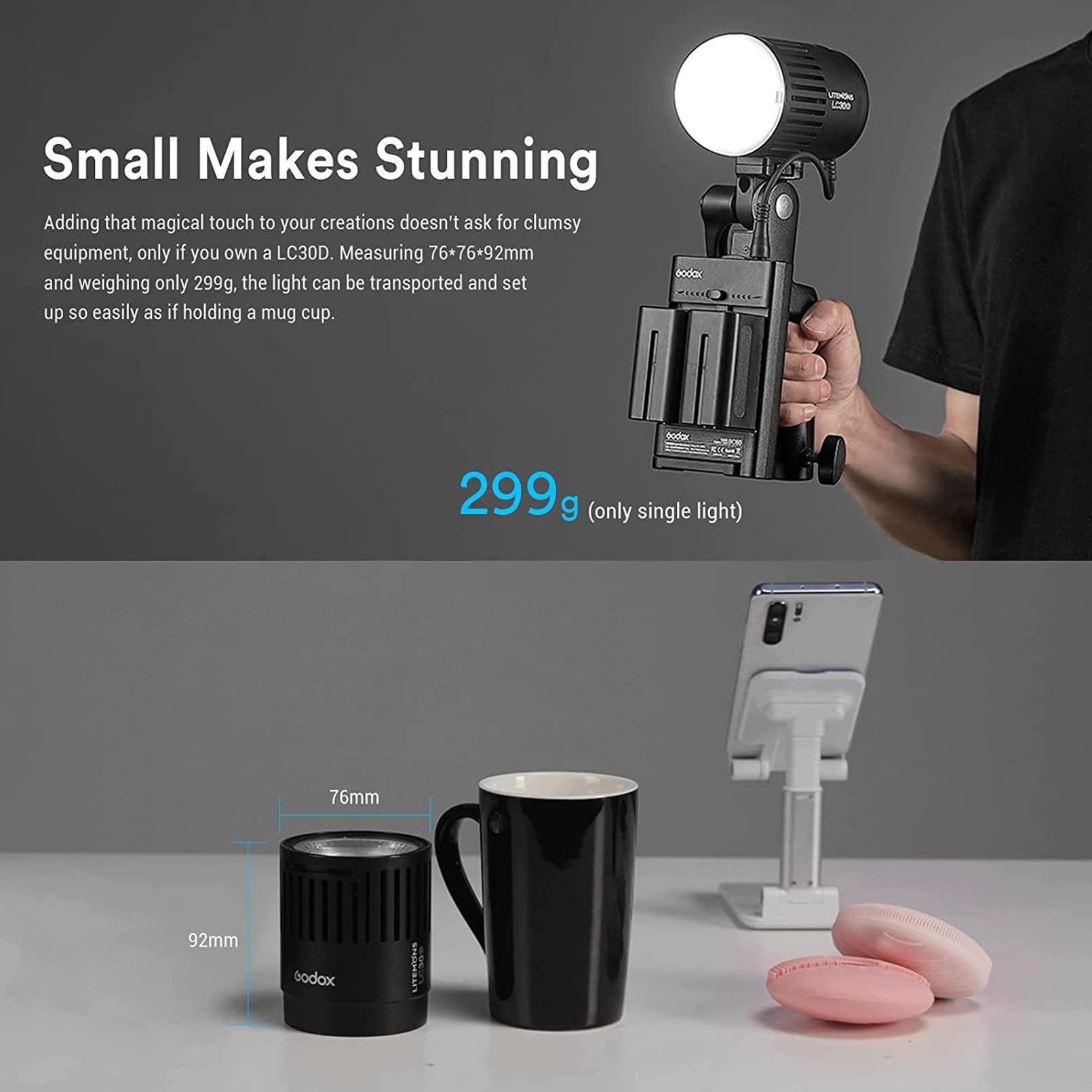 Godox LC30D Litemons Lampada da Tavolo a LED, CRI 95+/TLCl 96+, 8 Effetti di Luce Preimpostati, Dimensioni della Tazza, luce a LED per Riprese Desktop, Streaming Live, Fotografia di Piccoli Prodotti