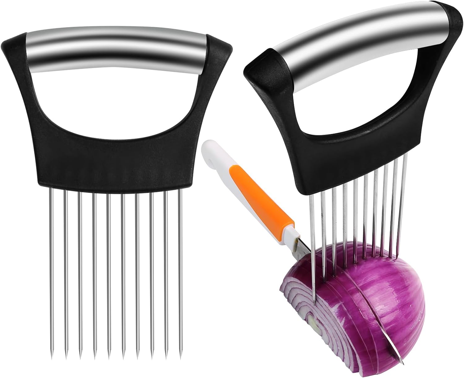 Soporte para rebanar cebolla, rebanador de cebolla de acero inoxidable para rebanar cebollas, papas, tomates, aguacates, huevos y verduras (2