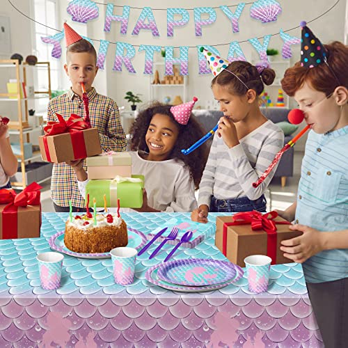 Mermaid Birthday Party Supplies,Mermaid Tablecloth Banner Disposable Paper Plates And Napkins Dinner Tableware Cups Knives Spoons Fork For Mermaid Kids Under The Sea Birthday Party Decorations,Serve25 #TOP5