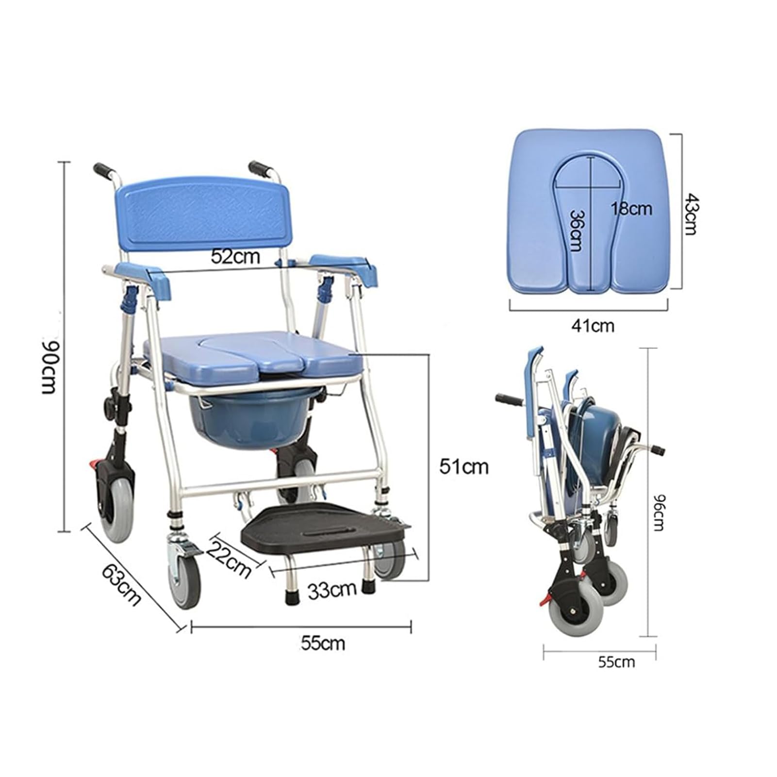 Silla de ducha para ancianos con ruedas, silla plegable con reposabrazos y reposapiés, diseño portátil, capacidad de peso de 120 kg, ideal para baño y mesita de noche