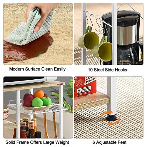 Mr Ironstone Bakers Rack, 35.5" Coffee Bar, 10 Hooks Microwave Stand With Wire Basket, 3-Tier Kitchen Storage Shelf, Kitchen Stand For Spice Rack Organizer Workstation, White Oak #TOP6