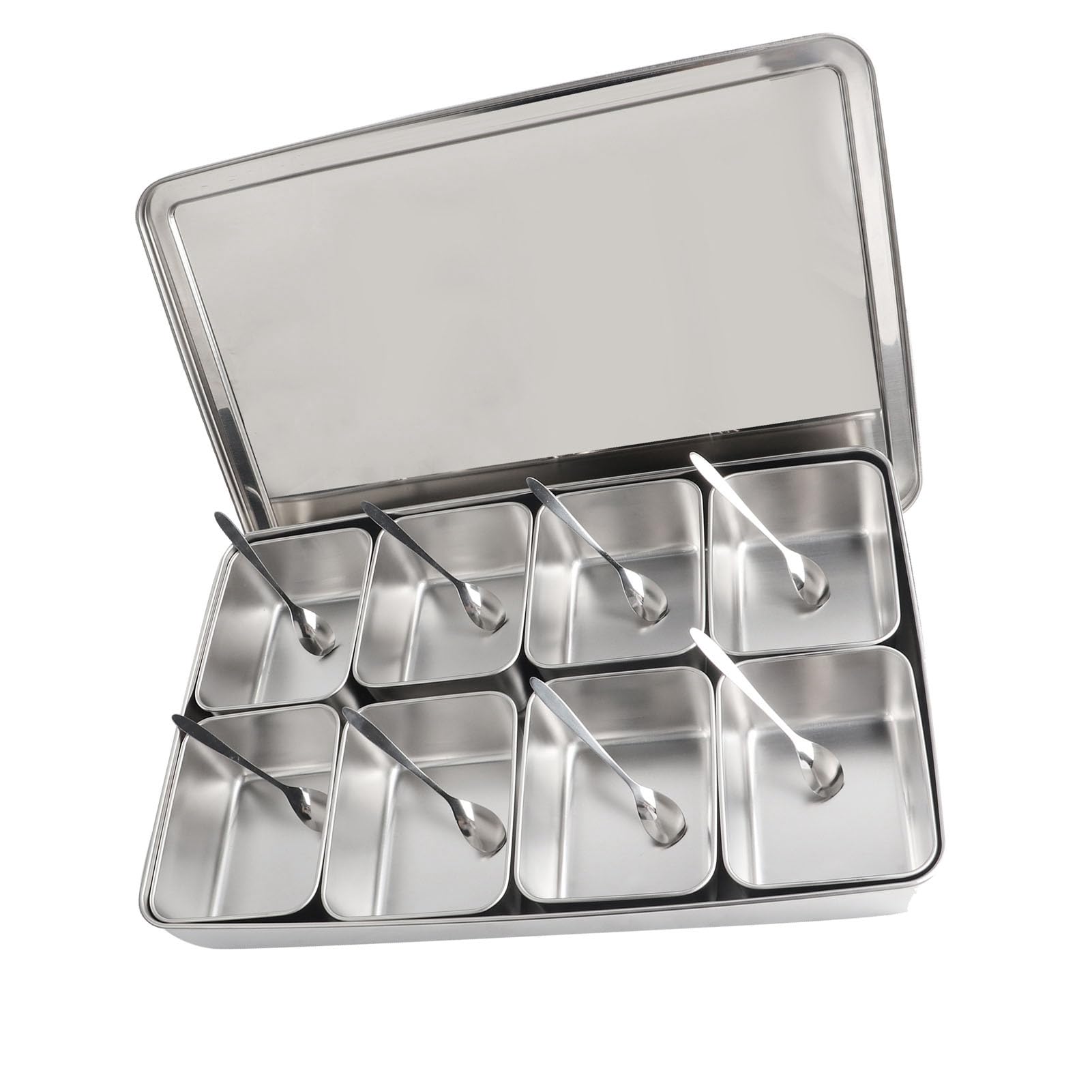 Set di Contenitori per Condimenti con Scatola per Condimenti in Acciaio Inossidabile da 8 Griglie con Cucchiaio e Coperchio, Barattolo per Multiuso per Prodotti Secchi, Farina, Design