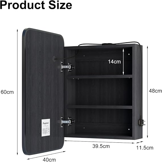 Lighted Bathroom Mirror Cabinet,LED Bathroom Cabinet with Mirror | Black Metal Edge Mirrored Cabinet with Demister,Touch Control,Memory Lighted,3 Color,Adjustable Color Temperature,40x60x13 [Energy Class E]