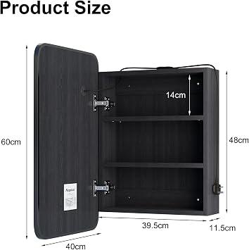 Lighted Bathroom Mirror Cabinet,LED Bathroom Cabinet with Mirror | Black Metal Edge Mirrored Cabinet with Demister,Touch Control,Memory Lighted,3 Color,Adjustable Color Temperature,40x60x13 [Energy Class E]