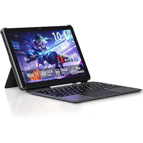 10.1" Touchscreen 2 in 1 Tablet Laptop, 12GB RAM 256GB SSD M3 8100Y(up to 3.40 GHz), WiFi 5 BT 5.0 Type-C USB 3.0, Win 11 Office Suite Computer with Keyboard & Pen Set for Home Student Business