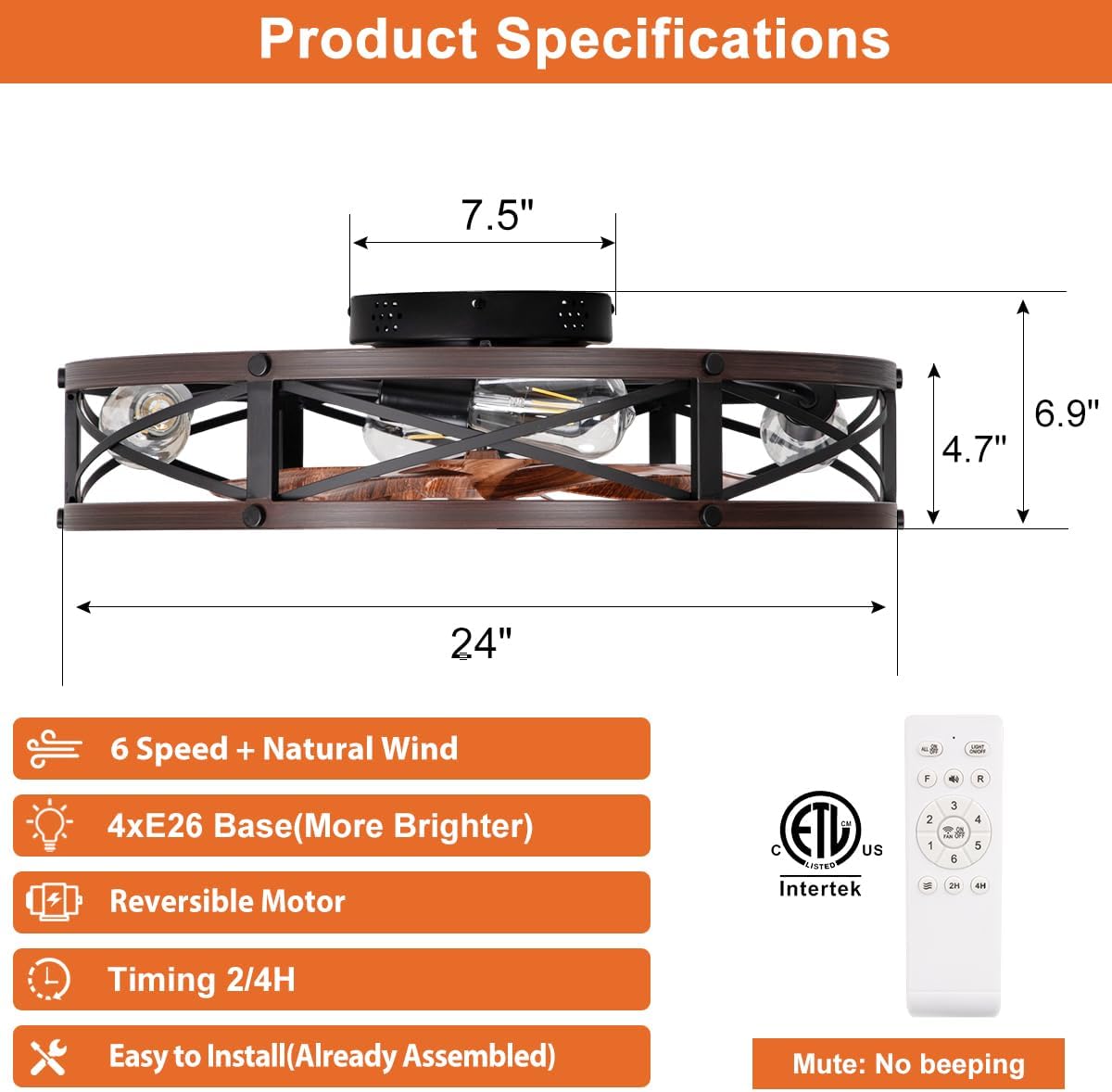 24" Farmhouse Caged Flush Mount Ceiling Fan with Light, Rustic Low Profile Bladeless Ceiling Fans with Lights and Remote, Modern Large Ceiling Fan with Light for Bedroom, Kitchen, Brown - ETL