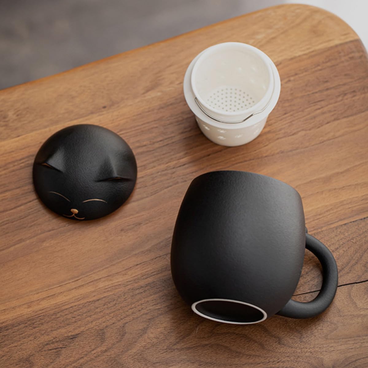 Tazza in Ceramica da 400ml con Filtro e Coperchio, Tazza Mug Nero Decorata con Gatto, per Ristoranti e Caffè