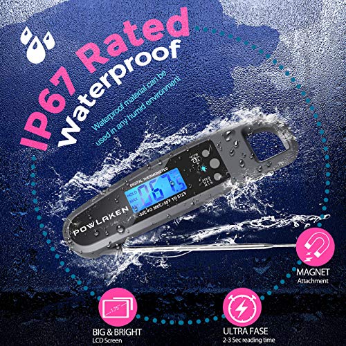Powlaken Meat Food Thermometer for Grill and Cooking, Instant Read Waterproof Digital Kitchen Thermometer Probe for Grilling Smoker Oil Deep Fry Candy (Grey)