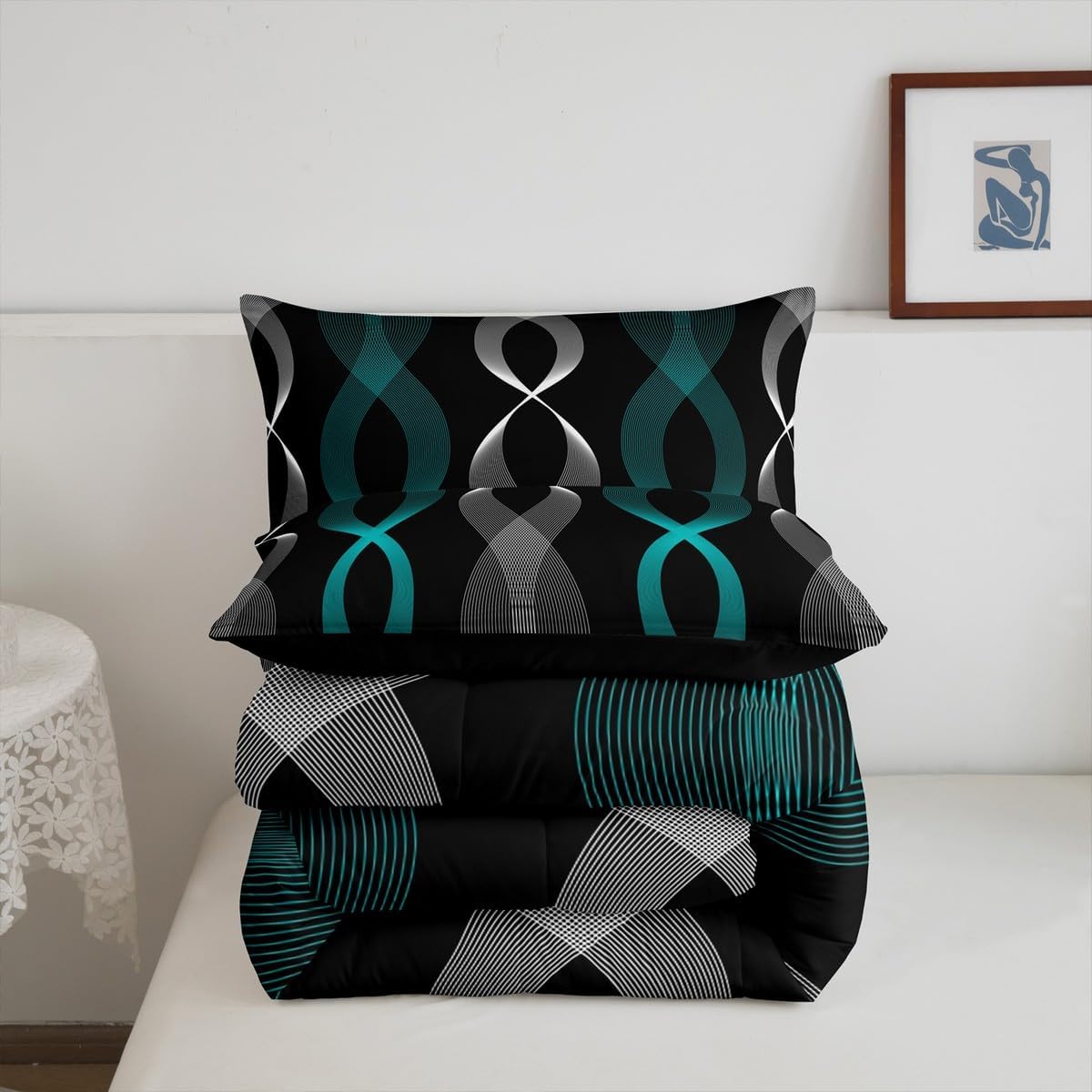 Erosebridal Teal and Black Queen Comforter Set for Men, Teal Striped Bedding Set for Boys Adults, Contemporary Boho Modern Art Abstract Comforter, Gradient Geometric Stripes Aesthetic Quilt - Image 4