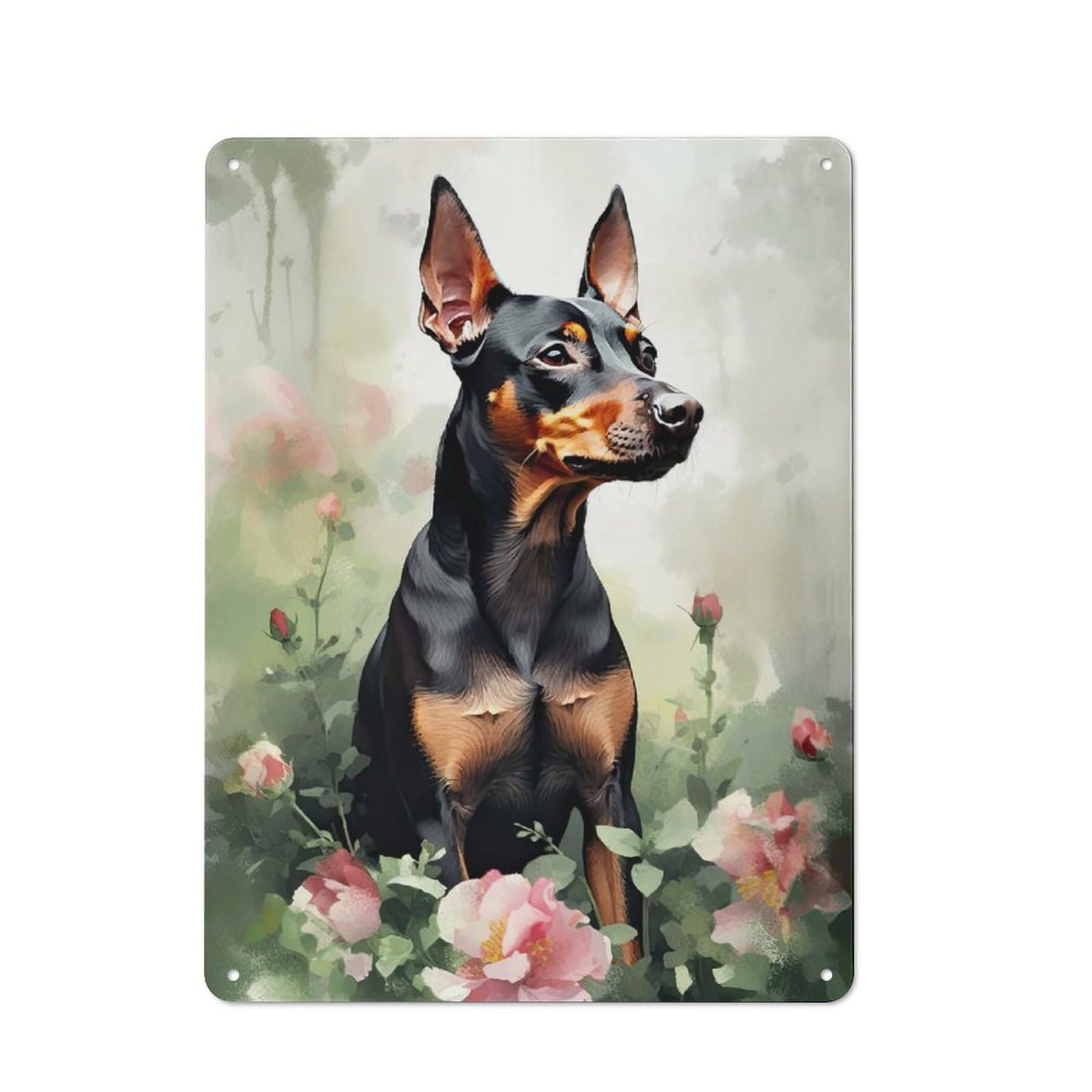 Miniature Pinscher Flowers Modern Retro Metal Wall Decor 40x30cm, Metal Wall Sign for Loft, Studio, Office Or Creative Room