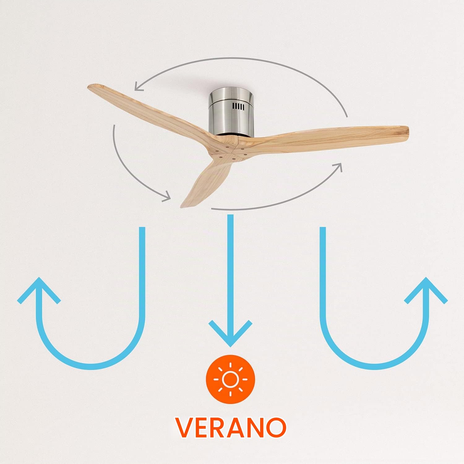 CREATE / WINDCALM/Ventilador de techo ABS níquel efecto aspas madera clara con Wifi y mando / 40W, Silencioso, Ø132 cm, 6 velocidades, 3 temperaturas de luz, temporizador, función verano-invierno
