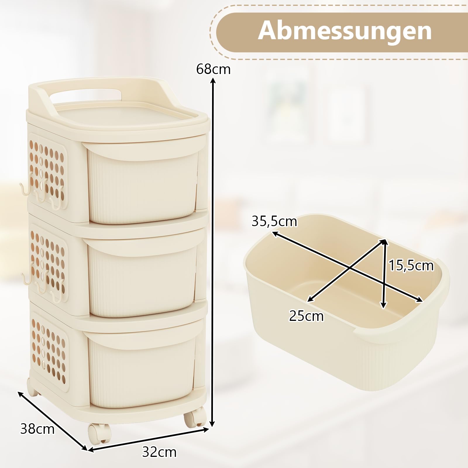 COSTWAY Nischenschrank schmal auf Rollen, Nischenregal 30cm breit, Nischenwagen mit 3 Schubladen, Pegboard, Griff & 6 Haken, Badrollwagen platzsparend, Rollwagen für Badezimmer, Küche, Weiß