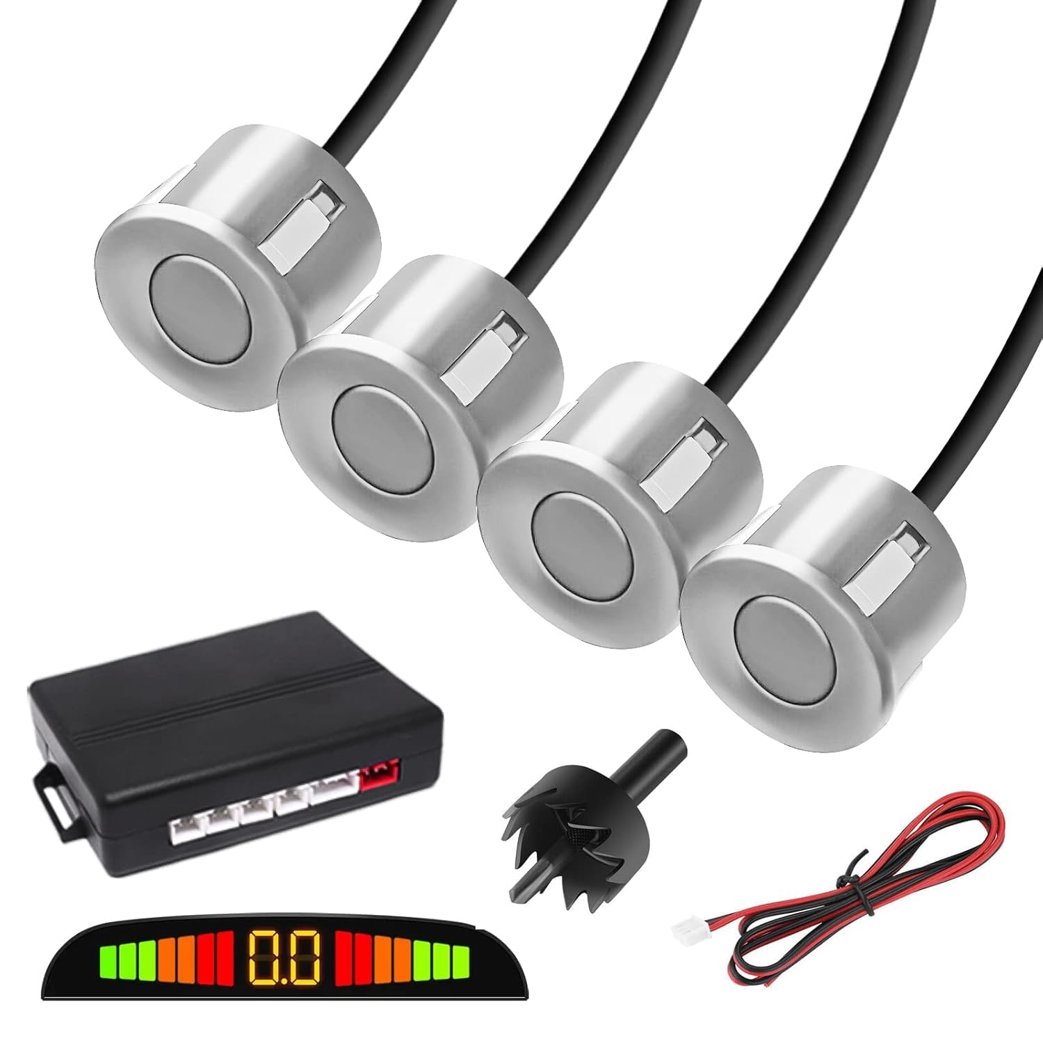 Adwait Car Reverse Parking Sensor Set of 4 Silver Sensors with LED Display Buzzer and Control Box Radar Beep Sound Alert Auto Object Detector For TT