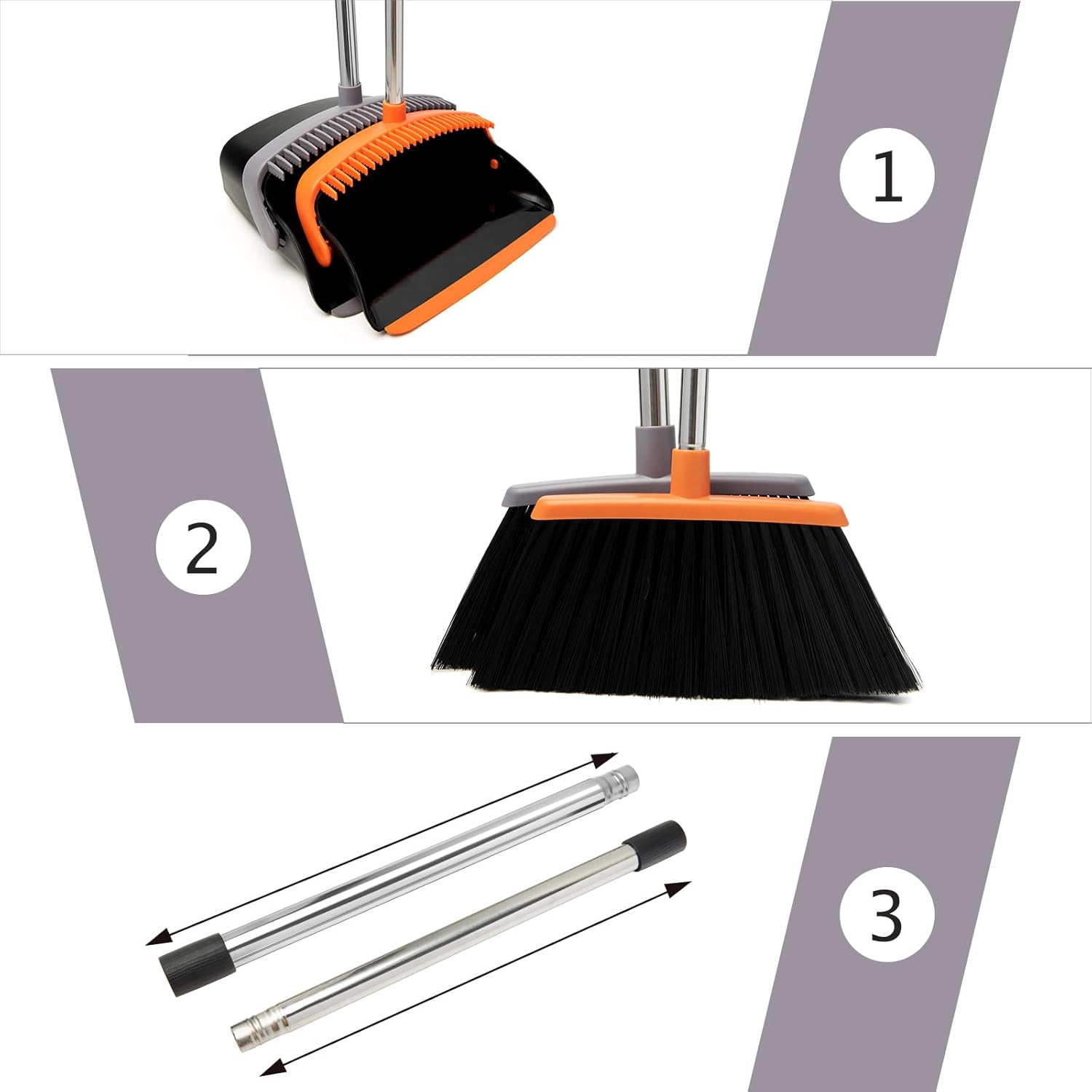Broom and Dustpan Set, Dustpans with Broom Combo for Home, Heavy Dust Broom and Dustpan Combo, Long Handle Dust Pan and Broom Set for Kitchen, Office, Pet Hair, Charcoal Color, Pack of 1 - Image 3