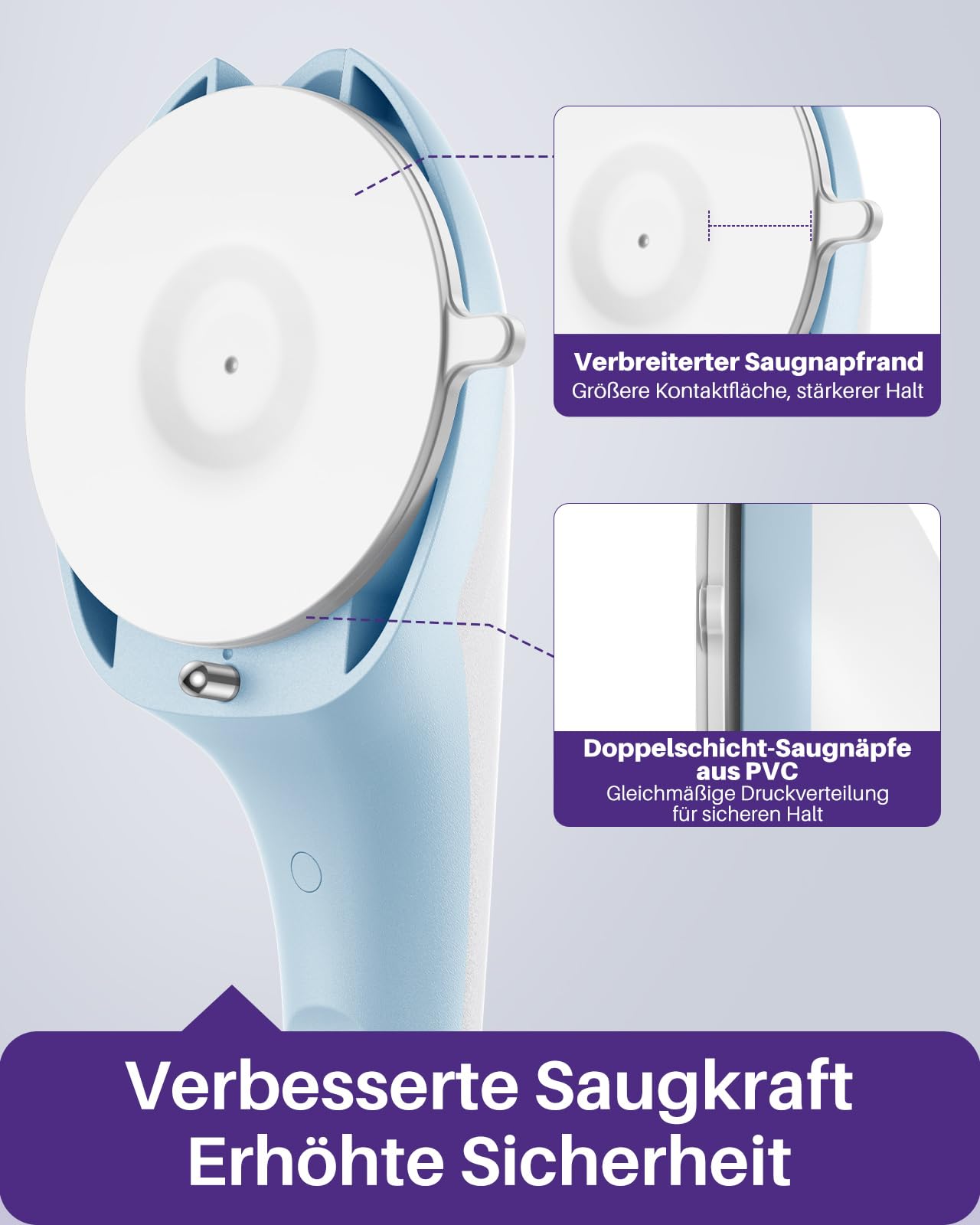 KEKOY Haltegriff mit Saugnapf & Indikator, Haltegriff Dusche ohne Bohren | 44 cm Haltegriffe für Senioren, Max Halt Duschgriff mit Saugnapf für Badezimmer & Badewannen, entfernbar, 2er Hellblau