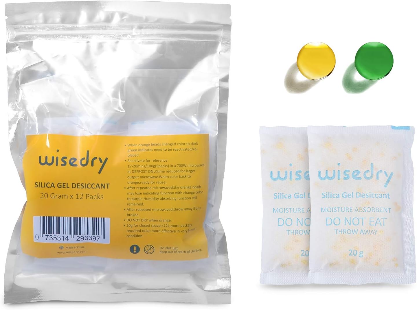 20 Gram [12 Packs] wisedry Silica Gel Sachets Rechargeable Desiccant Dehumidifiers