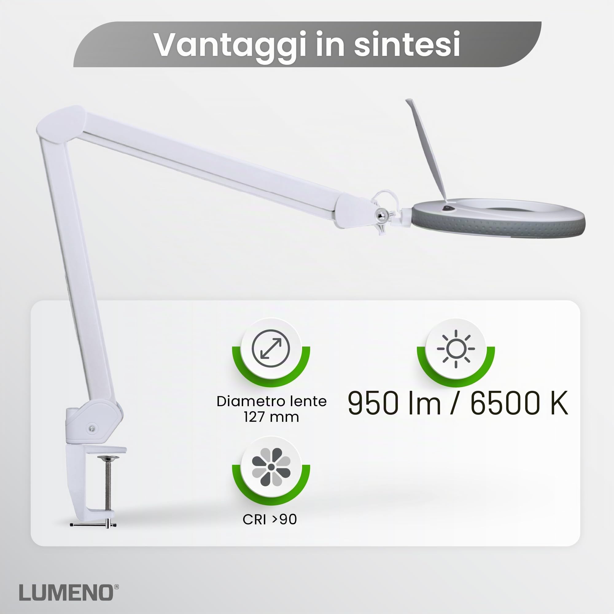 Lumeno LED lampada d'ingrandimento 7218GR con lente in vero vetro da 127 mm, lampada da lavoro e cosmetica, per estetista, hobbisti, ausilio alla lettura, 8 diottrie grigio con treppiede rotante