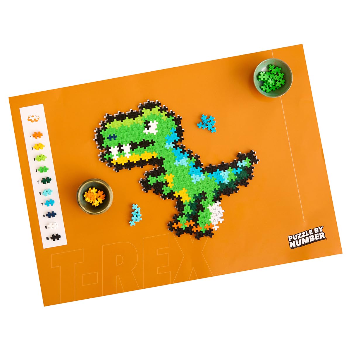 PLUS PLUS Puzzle By Number 250 pcs T-Rex, Green, Yellow, Blue, Orange, 3.6 cm x 3.6 cm x 28 cm - Image 4