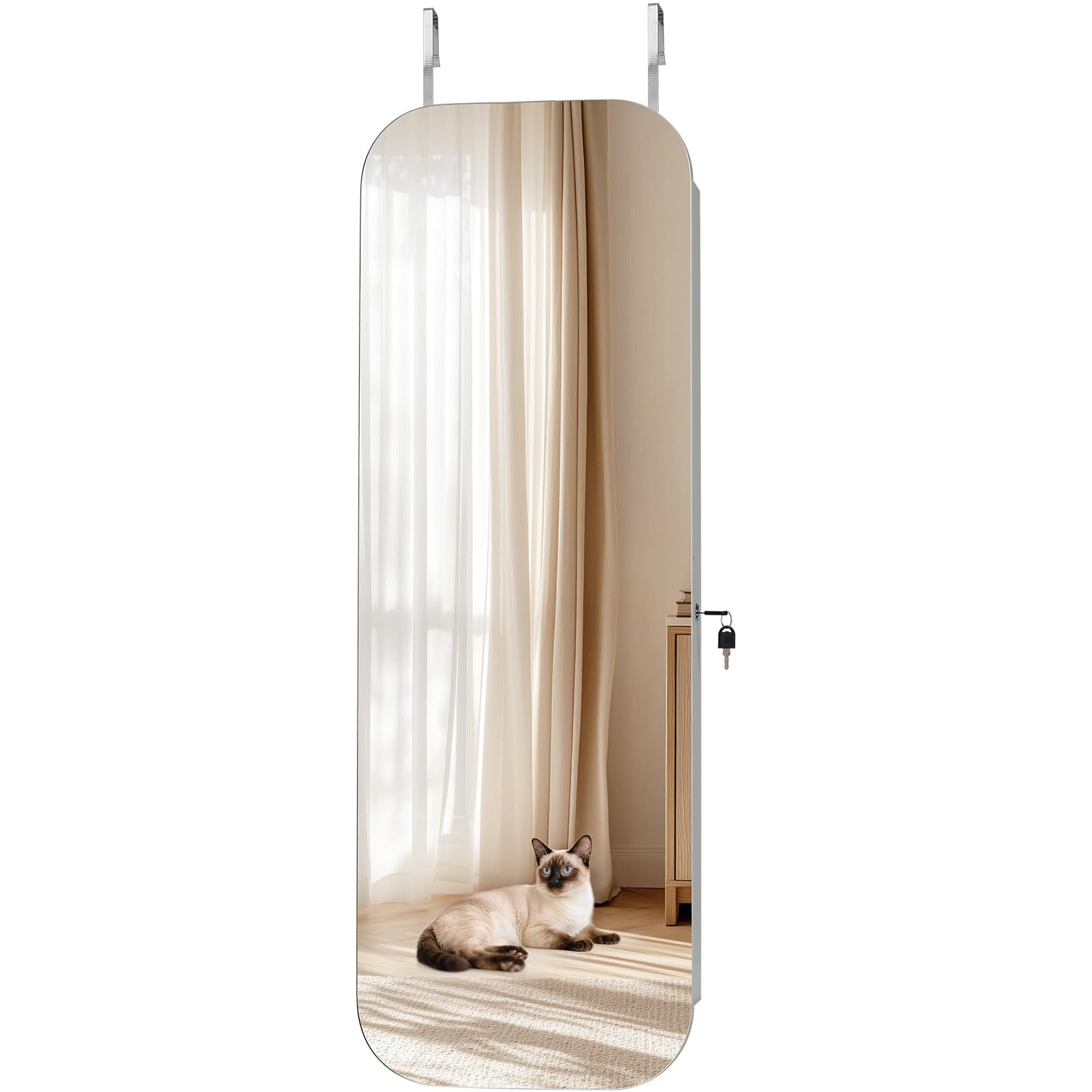 VEVOR Schmuckschrank 108 vm hoch, Ganzkörperspiegel mit Stauraum, Wandmontage/über der Tür, Schmuckschrank-Organizer, abgerundetes Design, abschließbar mit 2 Schlüsseln & Reise-Organizer, weiß