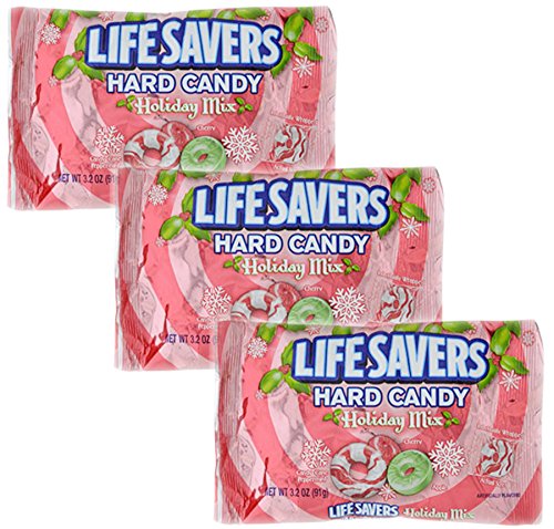 Lifesavers Holiday Mix Hard Candy, Apple, Cherry and Candy Cane Peppermint Flavors - 3.2 Oz Bags (Pack of 3 )